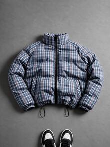 Manfinity Roghcode Casual Men's Zippered Plaid Winter Padded Coat, Loose Short Quilted Coat With Drawstring Hem, Suitable For Urban Daily Wear And Weekend Outings - Green - View 1
