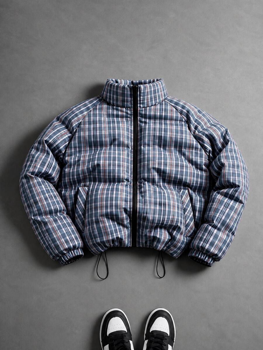 Manfinity Roghcode Casual Men's Zippered Plaid Winter Padded Coat, Loose Short Quilted Coat With Drawstring Hem, Suitable For Urban Daily Wear And Weekend Outings - Green - View 1