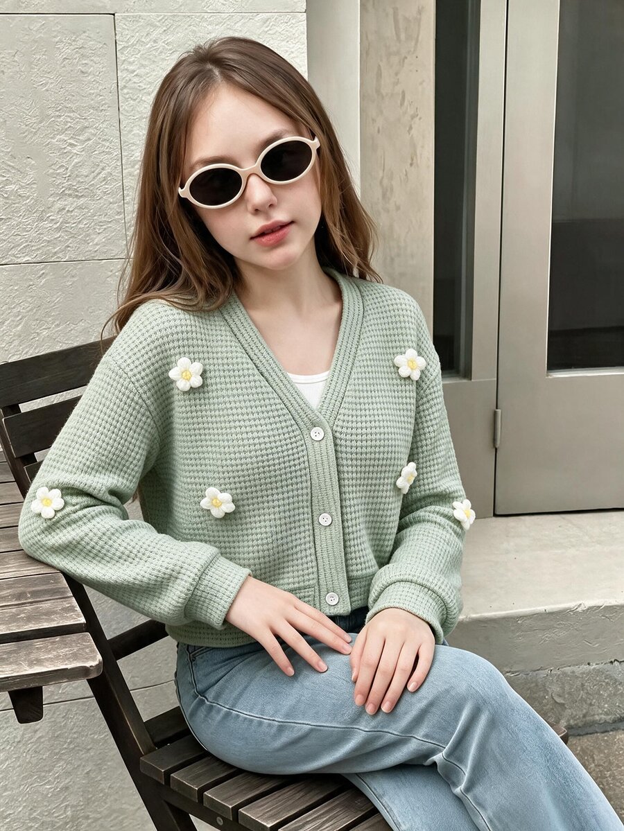 SHEIN 少女輕便淺綠色長袖花卉針織開襟外套 秋季休閒可愛開學季度假旅行校外穿搭外套 - 綠色 - 查看 1