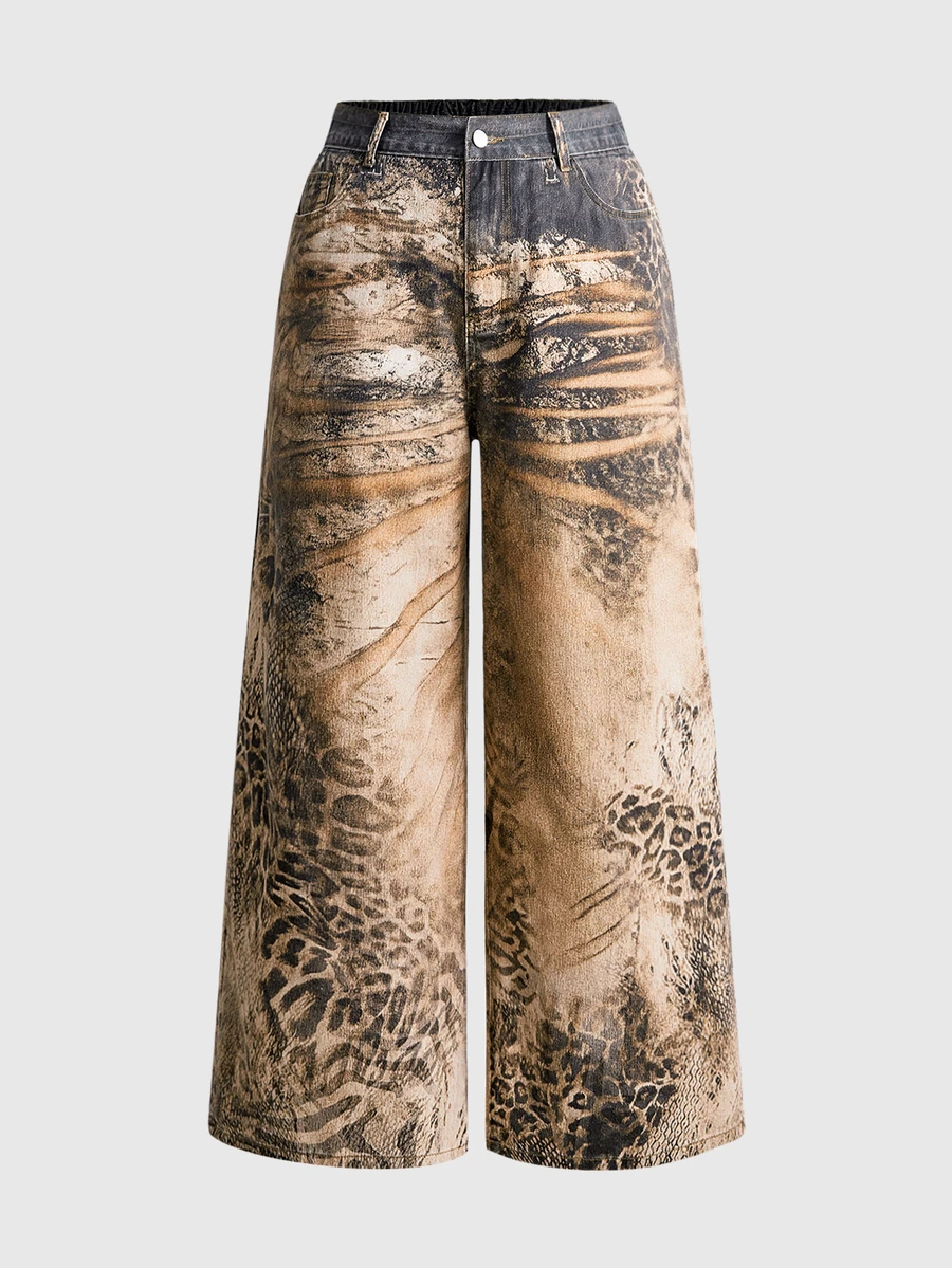 ROMWE Y2K Vintage Gradient Leopard Print Loose Wide Leg Plus Size Women's Jeans - Brown - View 1