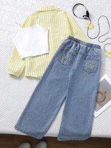 SHEIN Tween Girls Fall White Striped Shirt High Waist Wide Leg Denim Jeans 2 Piece Set Back Pocket Bow Cute Casual 80s Preppy Clothing School Off Campus - Mustard Yellow - View 3