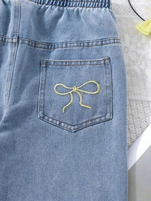 SHEIN Tween Girls Fall White Striped Shirt High Waist Wide Leg Denim Jeans 2 Piece Set Back Pocket Bow Cute Casual 80s Preppy Clothing School Off Campus - Mustard Yellow - View 8
