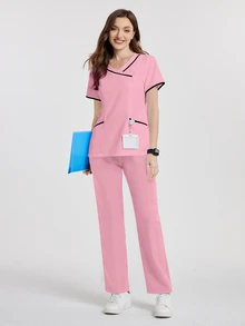 TaskEZ Women's V-Neck Pocket Short Sleeve Scrub Scrub Uniform Top Only The Top - Coral Pink - View 7