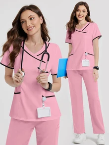 TaskEZ Women's V-Neck Pocket Short Sleeve Scrub Scrub Uniform Top Only The Top - Coral Pink - View 3