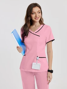 TaskEZ Women's V-Neck Pocket Short Sleeve Scrub Scrub Uniform Top Only The Top - Coral Pink - View 5