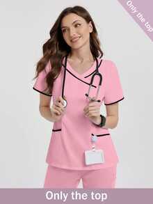 TaskEZ Women's V-Neck Pocket Short Sleeve Scrub Scrub Uniform Top Only The Top - Coral Pink - View 1