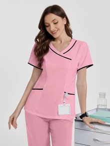 TaskEZ Women's V-Neck Pocket Short Sleeve Scrub Scrub Uniform Top Only The Top - Coral Pink - View 6