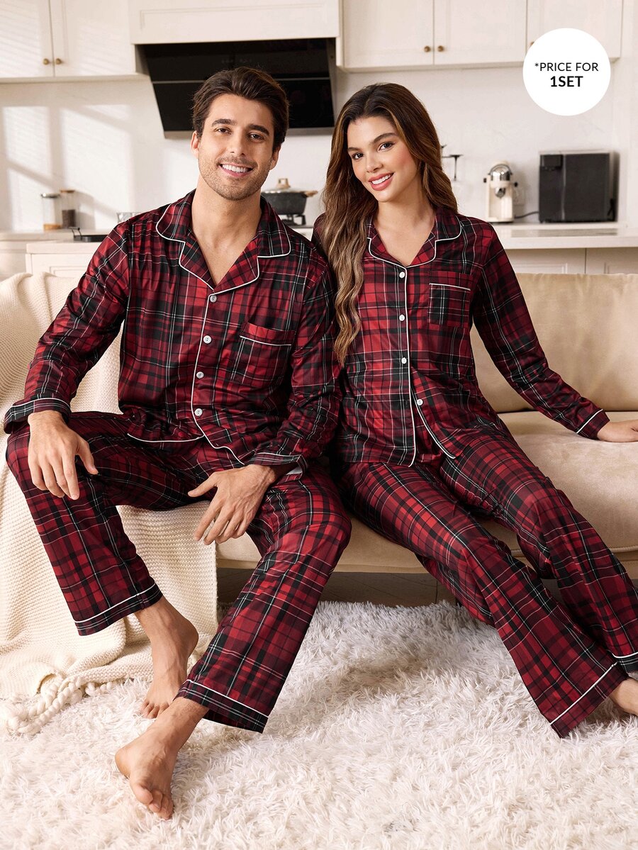 CoupledUp Christmas Plaid Print Long Sleeve Long Pants Collared Pajama Set - Burgundy - View 1
