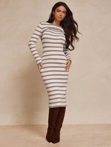 SHEIN Glamour Women's Striped Dress And Long Sleeve Top Knit Set - Multicolor - View 5