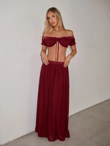 SHEIN ICON 女款純色露肩前綁帶短版上衣與裙子性感熱帶風2件套，酒紅色夏季海灘度假派對裝 - 酒紅色 - 查看 3