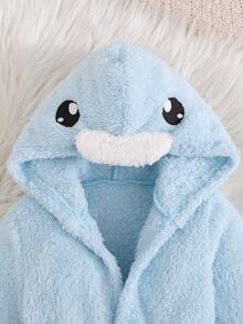 SHEIN Newborn Baby Boy/Girl Cartoon Duck 3D Pattern: Fleece Thick Hooded Long Sleeve Tie-Front Style Clothing Autumn Winter - Baby Blue - View 5