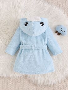 SHEIN Newborn Baby Boy/Girl Cartoon Duck 3D Pattern: Fleece Thick Hooded Long Sleeve Tie-Front Style Clothing Autumn Winter - Baby Blue - View 2