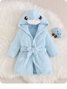 SHEIN Newborn Baby Boy/Girl Cartoon Duck 3D Pattern: Fleece Thick Hooded Long Sleeve Tie-Front Style Clothing Autumn Winter - Baby Blue - View 3