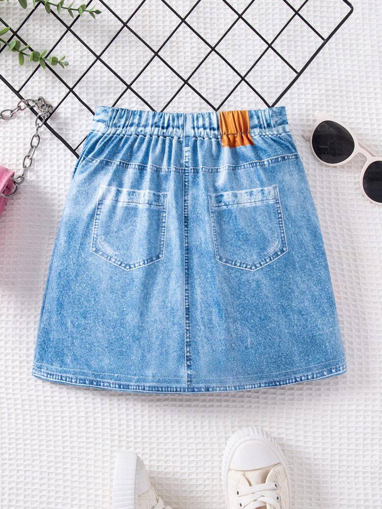 SHEIN Rok Kasual Efek Denim Motif Unicorn Kartun Lucu untuk Anak Perempuan, Warna Biru Musim Gugur - Biru - View 2