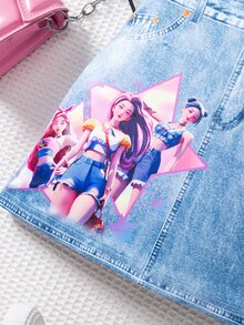SHEIN 女童可愛卡通獨角獸牛仔風休閒裙 秋季 藍色 - 藍色 - 查看 5