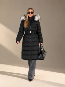 CLARA VERO Fuzzy Trim Hooded Zipper Padded Coat - Black - View 5