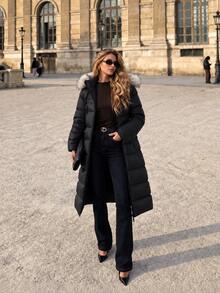 CLARA VERO Fuzzy Trim Hooded Zipper Padded Coat - Black - View 3