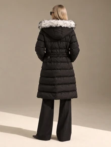 CLARA VERO Fuzzy Trim Hooded Zipper Padded Coat - Black - View 4