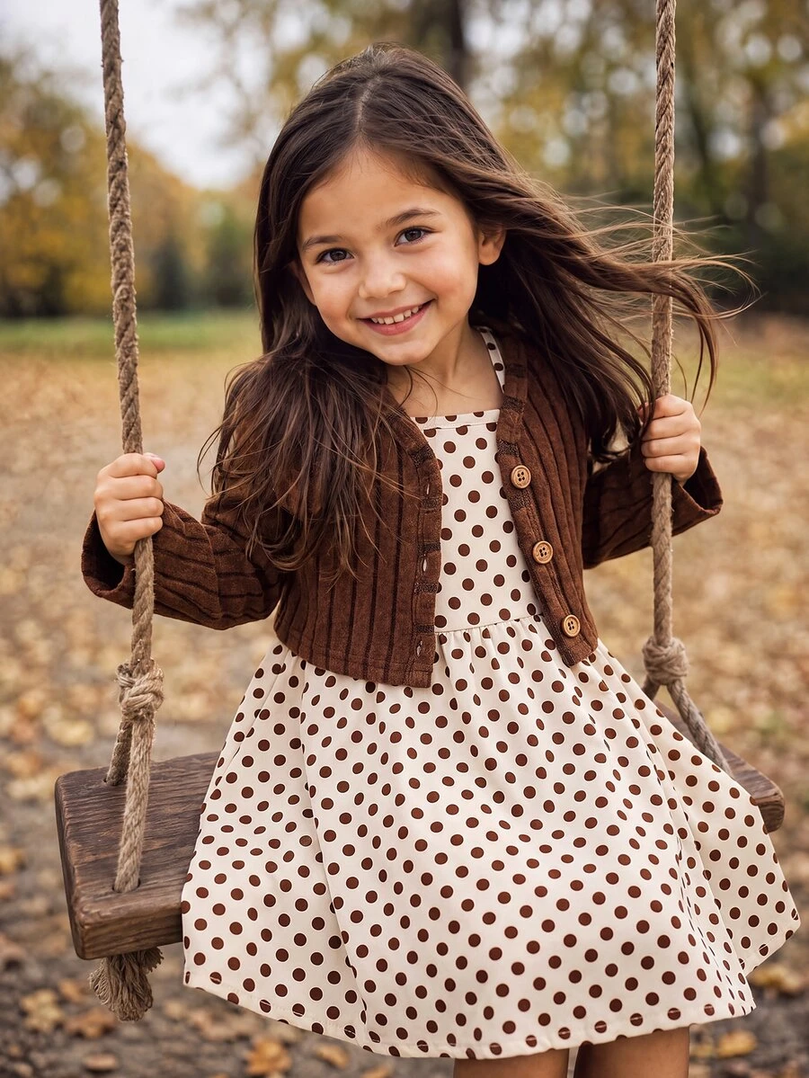 Young Girl 少女編織碎花細肩帶洋裝與針織素色開襟衫兩件套 - 棕色 - 查看 1