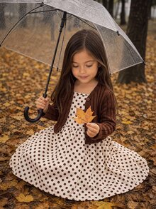 Young Girl 少女編織碎花細肩帶洋裝與針織素色開襟衫兩件套 - 棕色 - 查看 5