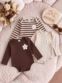 SHEIN 3件組女嬰長袖高領連身衣－保暖舒適，適合秋冬穿著 - 彩色 - 查看 3