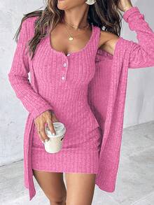 SHEIN 女士性感海军蓝两件套连衣裙，秋冬款 - 粉色 - 查看 2