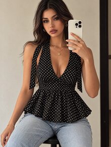 SHEIN 優雅法式風格女款內建胸墊免穿內衣波點掛脖綁腰花苞喇叭上衣，適合夏季度假 - 黑色 - 查看 2
