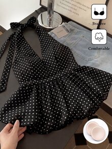 SHEIN 優雅法式風格女款內建胸墊免穿內衣波點掛脖綁腰花苞喇叭上衣，適合夏季度假 - 黑色 - 查看 5