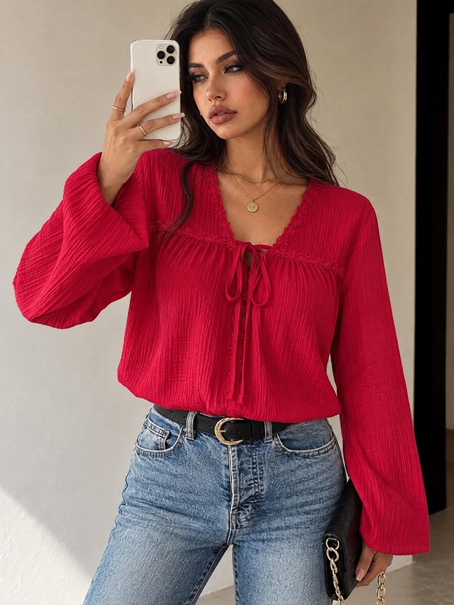 SHEIN 女款秋季休閒浪漫優雅波西米亞風純色前綁帶襯衫,適合早午餐、紅色新年、日常白天、晚餐派對 - 紅色 - 查看 1
