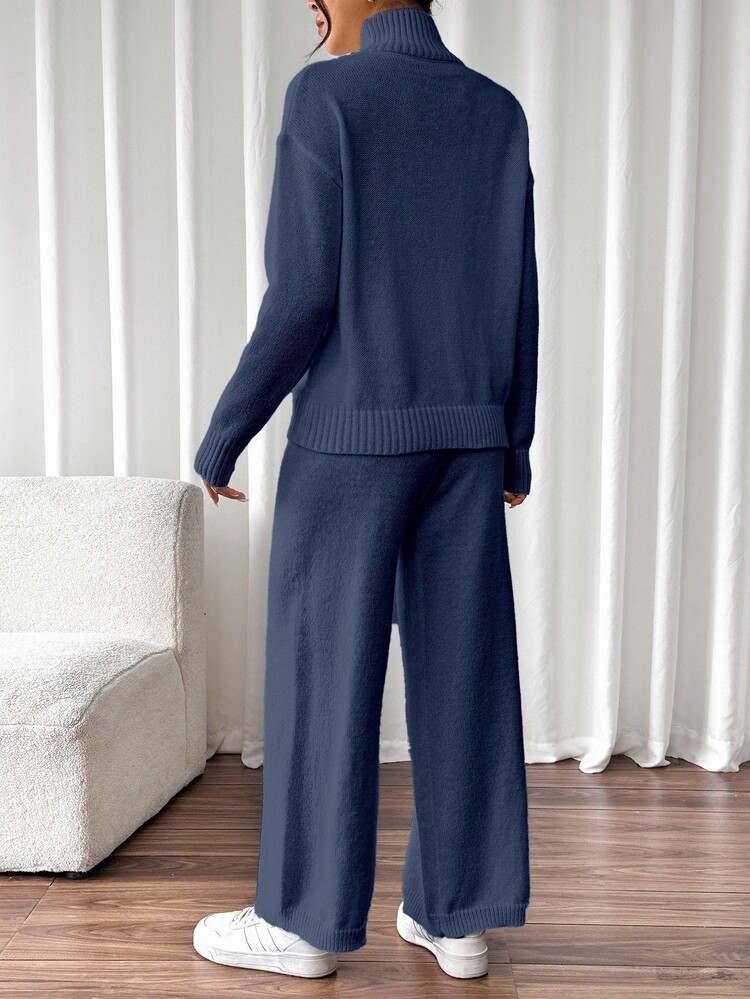SHEIN Women's Versatile High Neck Long Sleeve Sweater And Pants 2 Pieces Set - Royal Blue - View 3