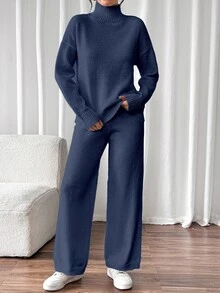 SHEIN 女款百搭高領長袖毛衣與長褲兩件套 - 寶藍色 - 查看 2