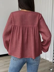 SHEIN 女款純色喇叭袖休閒波西米亞風前綁帶襯衫，適合早午餐、度假、約會之夜與日常穿著，灰玫瑰色，秋季款 - 棕色 - 查看 3