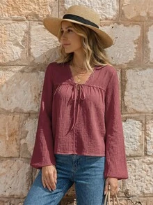 SHEIN 女款純色喇叭袖休閒波西米亞風前綁帶襯衫，適合早午餐、度假、約會之夜與日常穿著，灰玫瑰色，秋季款 - 棕色 - 查看 4
