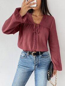 SHEIN 女款純色喇叭袖休閒波西米亞風前綁帶襯衫，適合早午餐、度假、約會之夜與日常穿著，灰玫瑰色，秋季款 - 棕色 - 查看 8