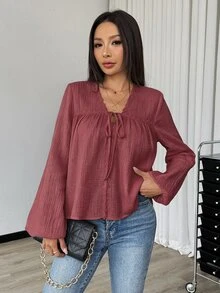 SHEIN 女款純色喇叭袖休閒波西米亞風前綁帶襯衫，適合早午餐、度假、約會之夜與日常穿著，灰玫瑰色，秋季款 - 棕色 - 查看 7