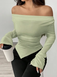 RiviMae Cowl Neck Asymmetrical Hem Knit T-Shirt, Waist Cinched Fall Cloth For Women - Green - View 7