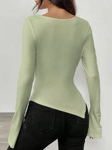 RiviMae Cowl Neck Asymmetrical Hem Knit T-Shirt, Waist Cinched Fall Cloth For Women - Green - View 3
