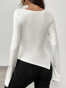 SHEIN Women's Solid Color Cowl Neck Ruched Fitted Versatile Casual Sexy Elegant Long Sleeve T-Shirt Work Brunch Night Out Going Out White Fall - White - View 3