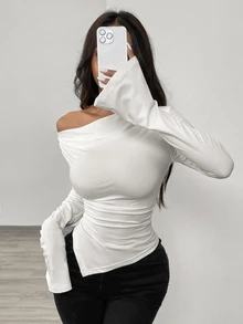 SHEIN Women's Solid Color Cowl Neck Ruched Fitted Versatile Casual Sexy Elegant Long Sleeve T-Shirt Work Brunch Night Out Going Out White Fall - White - View 4