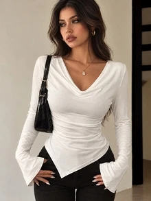SHEIN Women's Solid Color Cowl Neck Ruched Fitted Versatile Casual Sexy Elegant Long Sleeve T-Shirt Work Brunch Night Out Going Out White Fall - White - View 1