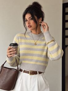 SHEIN Crew Neck Yellow Grey Colorblock Striped Fitted Cropped Pullover Sweater, Fall Brunch French Casual - Grey - View 2