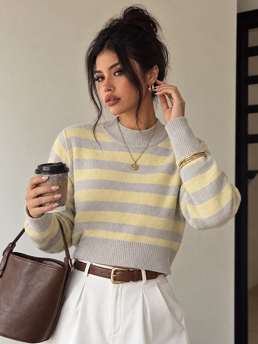 SHEIN Crew Neck Yellow Grey Colorblock Striped Fitted Cropped Pullover Sweater, Fall Brunch French Casual