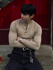 DAZY Spring/Autumn Comfortable Fitted Knit Fabric Camel Color Men's T-Shirt - Camel - View 3