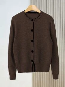 Franclia European And American New Blogger Style Fashion Design Color Block Round Neck Loose Sweater Cardigan - Chocolate Brown - View 6