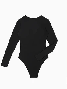 SHEIN Swim Solid Color V-Neck Long Sleeve Mesh Splice Sexy Fashion One Piece Swimsuit For Summer Beach Vacation - Black - View 7