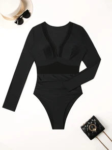 SHEIN Swim Solid Color V-Neck Long Sleeve Mesh Splice Sexy Fashion One Piece Swimsuit For Summer Beach Vacation - Black - View 6