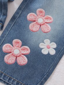 SHEIN 女童抓絨內裡花卉刺繡衛衣漸層藍色水洗寬腿牛仔褲2件套，甜美休閒秋冬7歲生日穿搭 - 粉色 - 查看 7