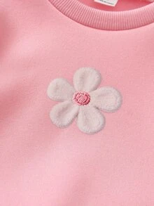 SHEIN 女童抓絨內裡花卉刺繡衛衣漸層藍色水洗寬腿牛仔褲2件套，甜美休閒秋冬7歲生日穿搭 - 粉色 - 查看 4