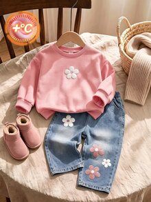 SHEIN 女童抓絨內裡花卉刺繡衛衣漸層藍色水洗寬腿牛仔褲2件套，甜美休閒秋冬7歲生日穿搭 - 粉色 - 查看 3