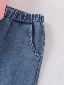 SHEIN 女童抓絨內裡花卉刺繡衛衣漸層藍色水洗寬腿牛仔褲2件套，甜美休閒秋冬7歲生日穿搭 - 粉色 - 查看 6